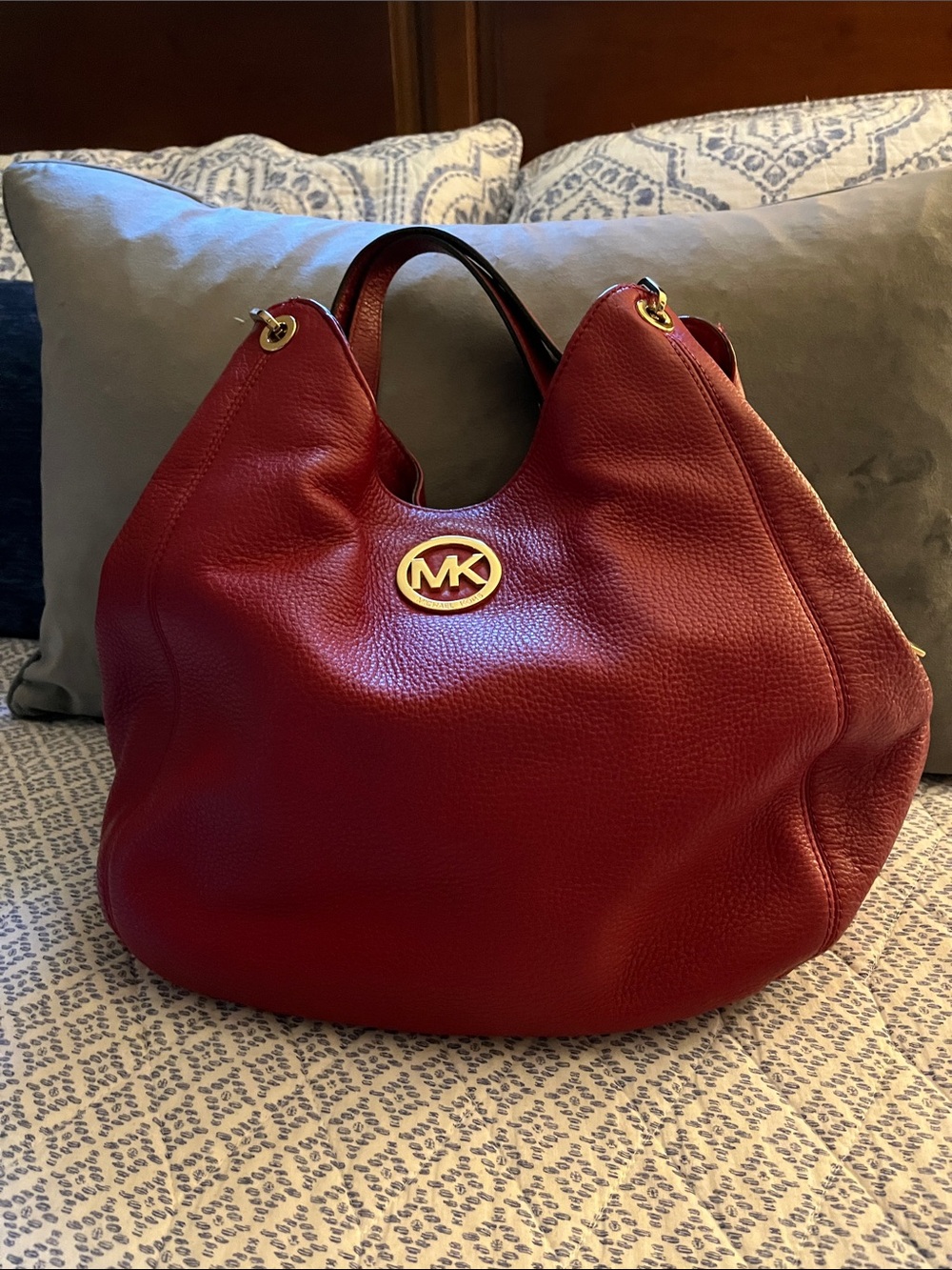 Michael Kors Red Pebbled Leather Shoulder Hobo with Gold MK Logo
